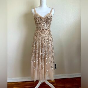 Needle & Thread NEW + Tags gown dress sequins gold rushed BHLDN tulle straps